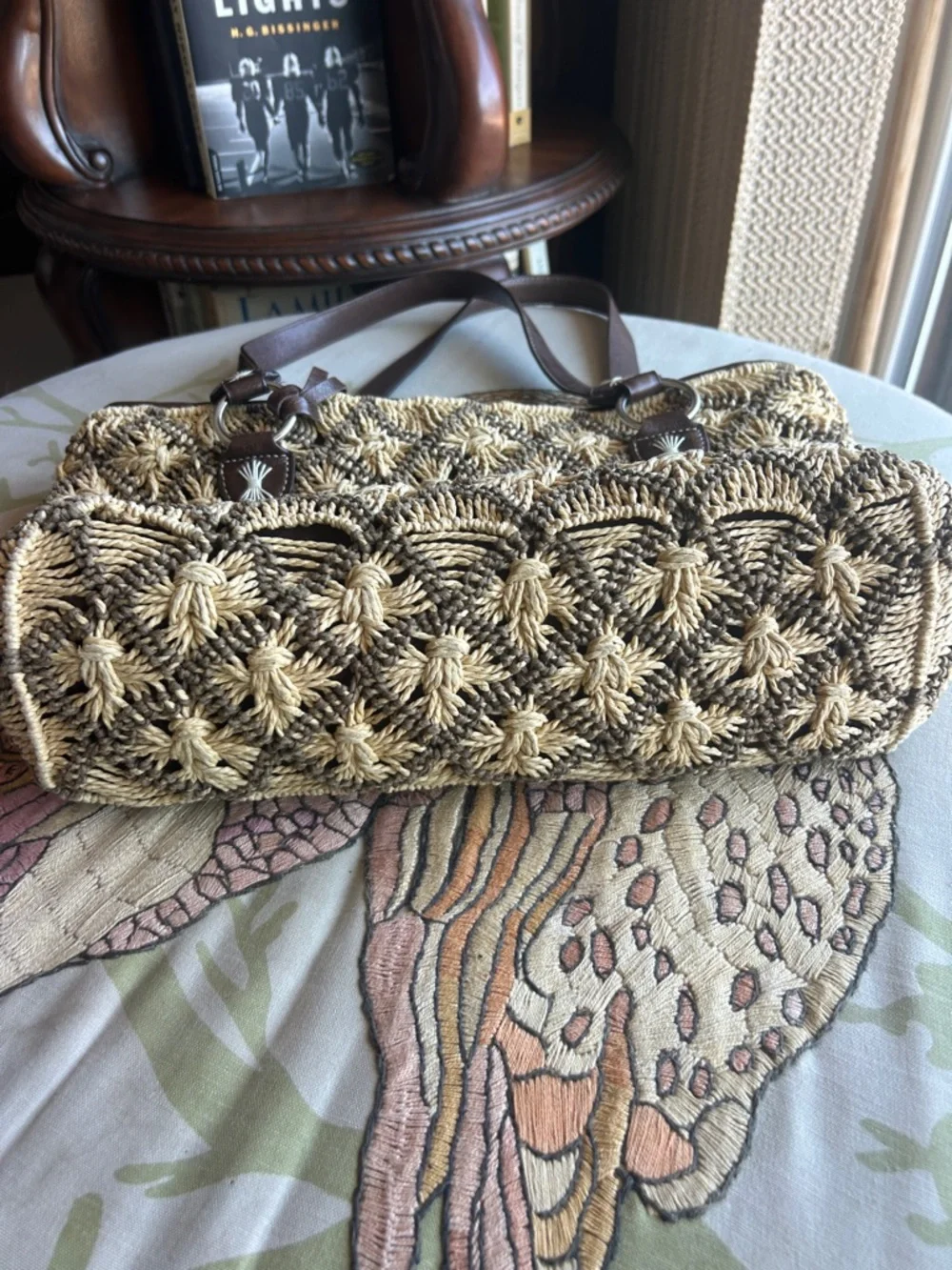 Vintage Brighton Woven Straw Tote Bag with Brown Leather Accents with Heart - Picture 10 of 10